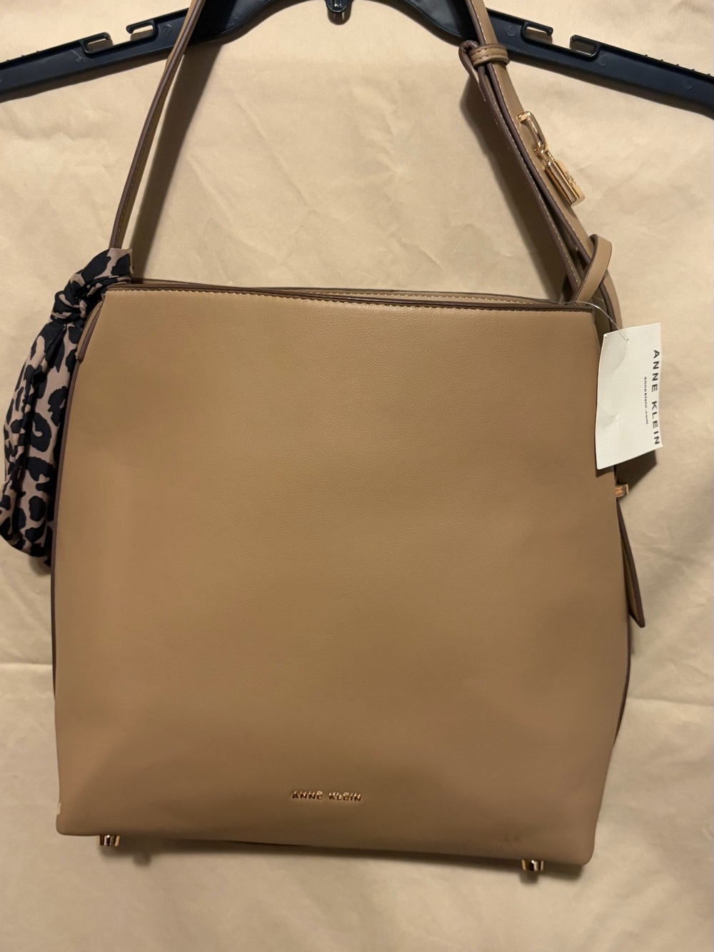 Anne Klein Taupe Shoulder Bag with Leopard Accent Scarf